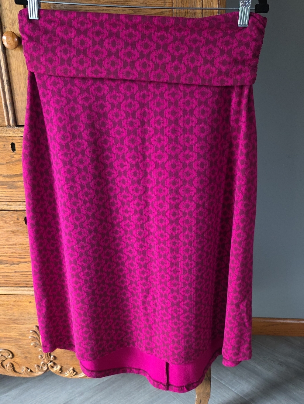 🌿 Eddie Bauer Fuchsia Patterned High-Low Knit Fold Over Waist Stretch Skirt